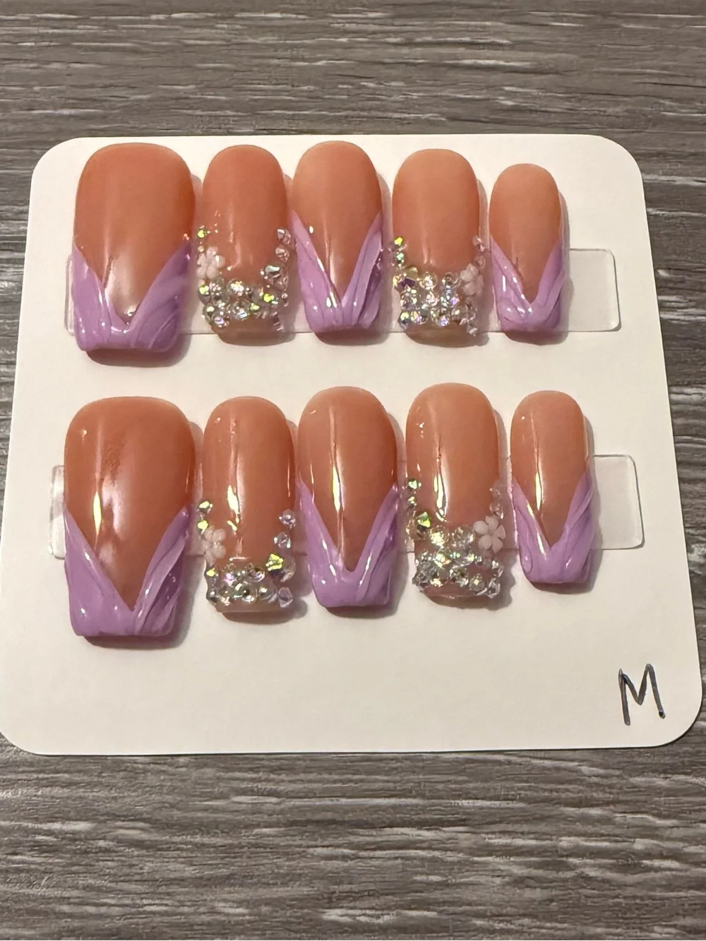 Lilac Tip Press-On Nails with Rhinestone Detail